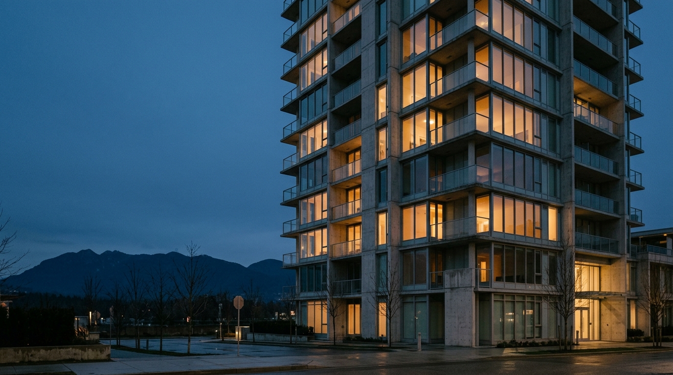 Completed Vancouver mid-rise condominium at dusk