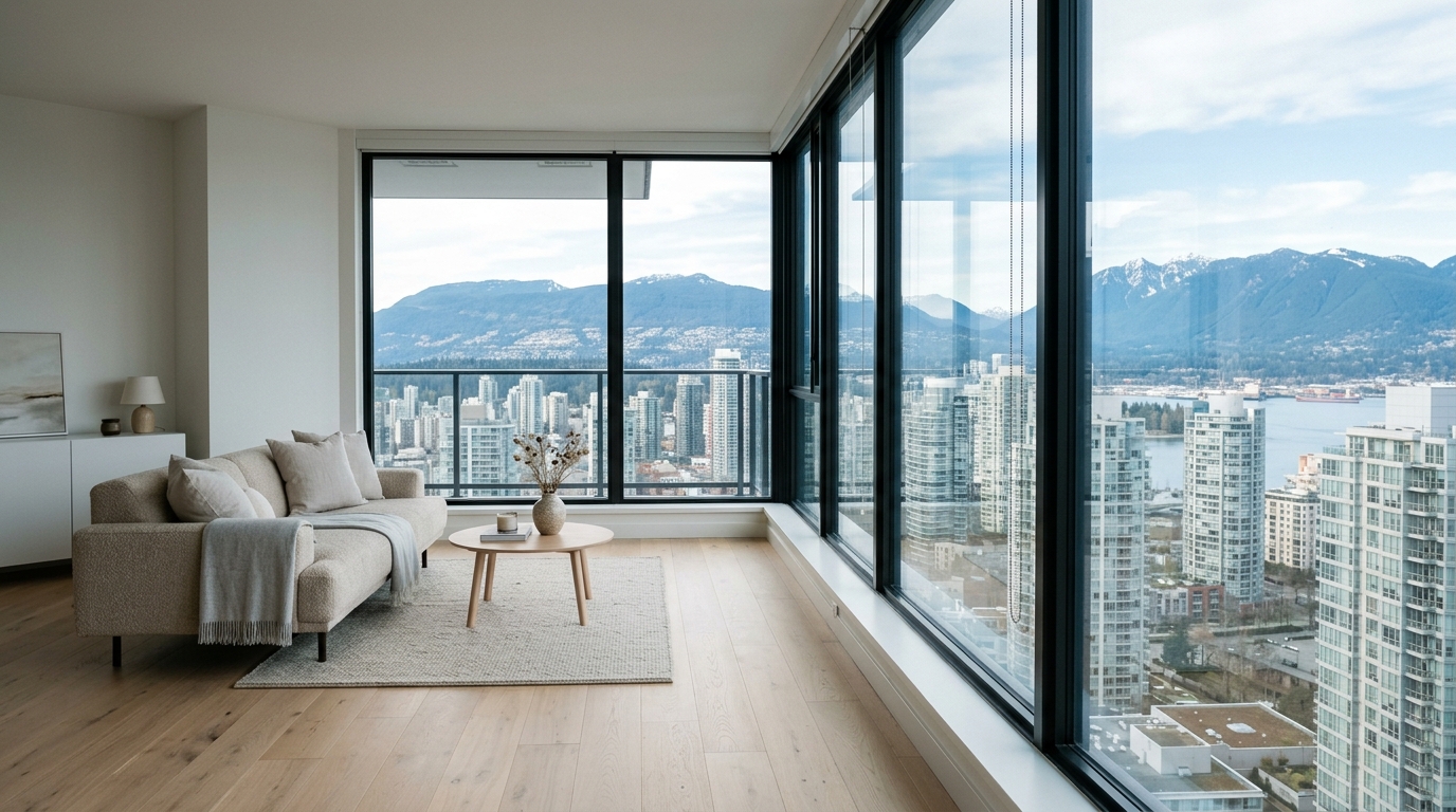 Modern condominium interior with mountain view