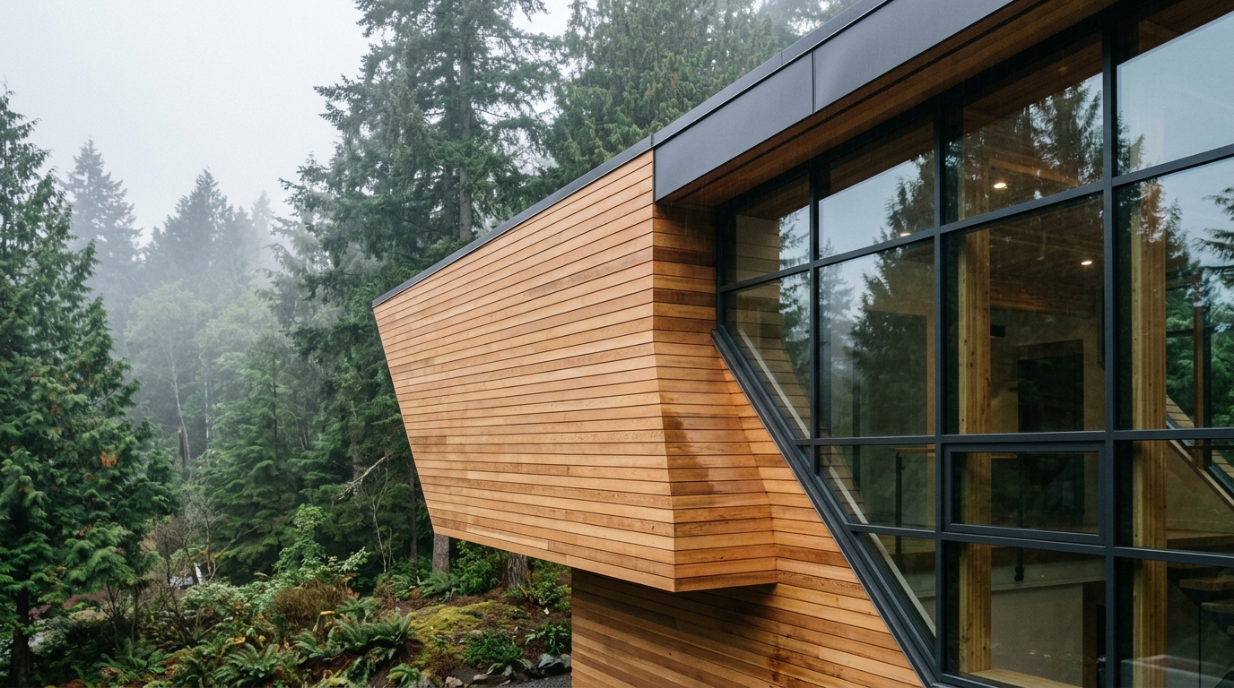 Custom home with cedar cladding at forest edge